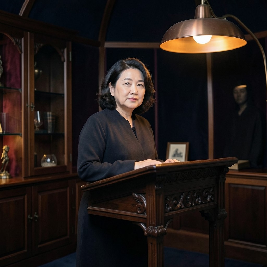 Mina Cho standing beside a dark wood lectern in the studio