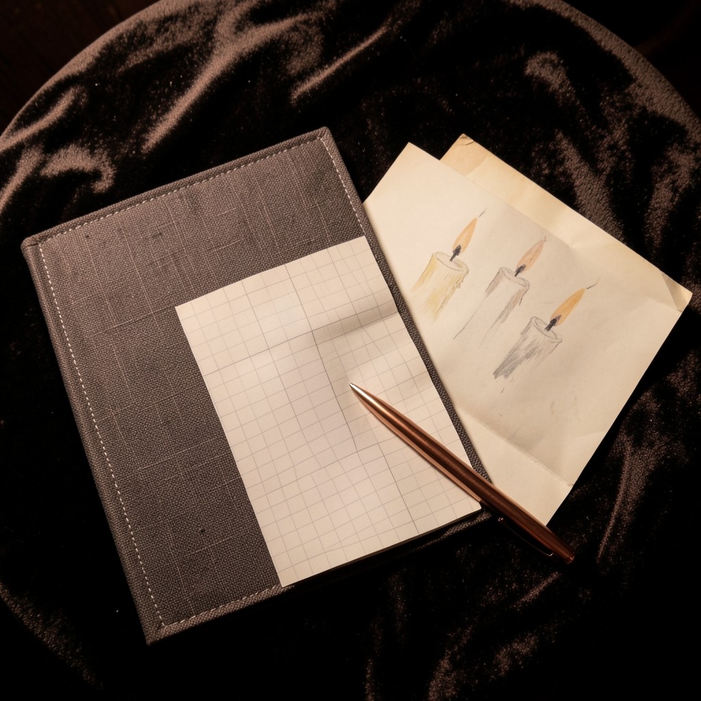 An open notebook with faint pencil marks beside a folded chart sheet