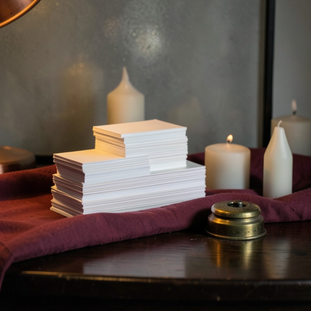 Still life of printed bar shapes on burgundy cloth beside a brass weight