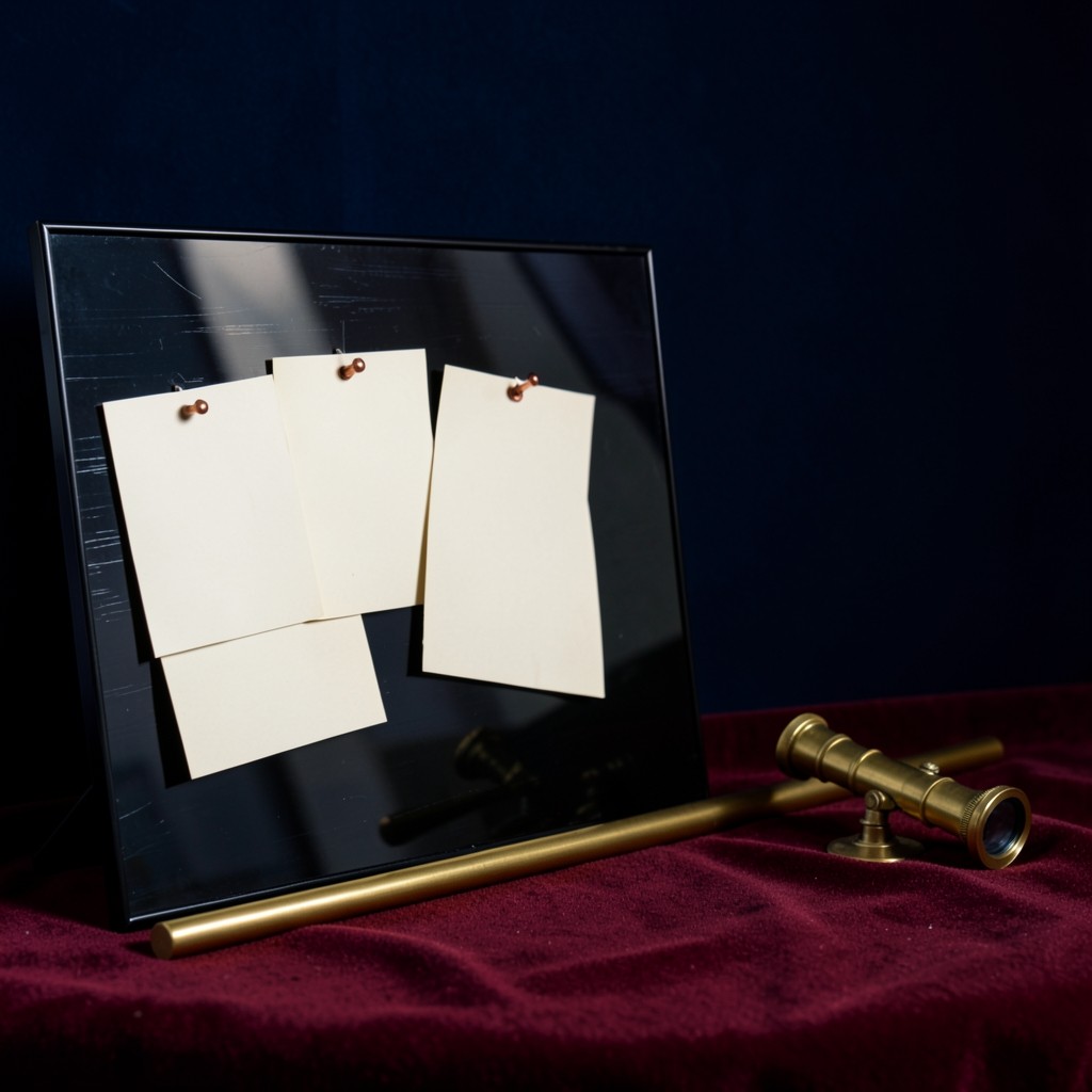 Blank cream cards pinned with copper tacks on dark wood in the evening studio