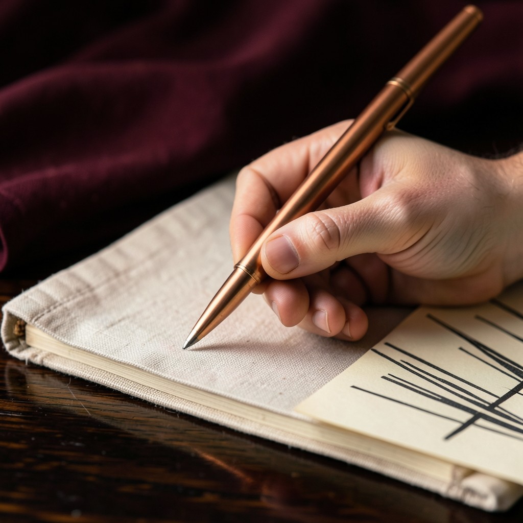 A hand writing in a cloth notebook next to a printed level sheet