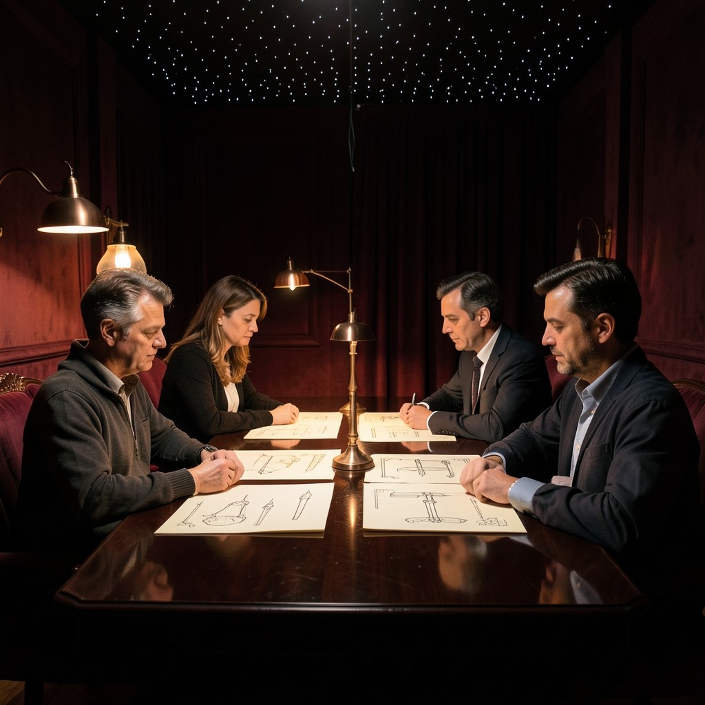 Adults seated at a dark wood table studying printed chart sheets under copper light