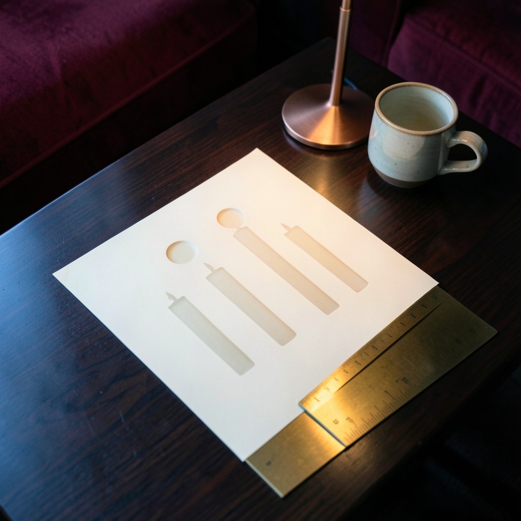 A printed opening-hour chart sheet on lacquered wood beside a brass ruler