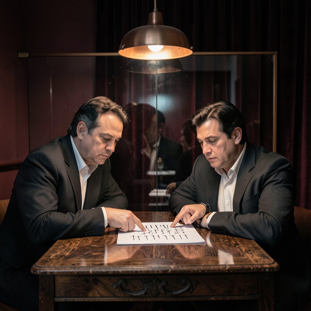 Two adults reviewing a printed chart across a small desk