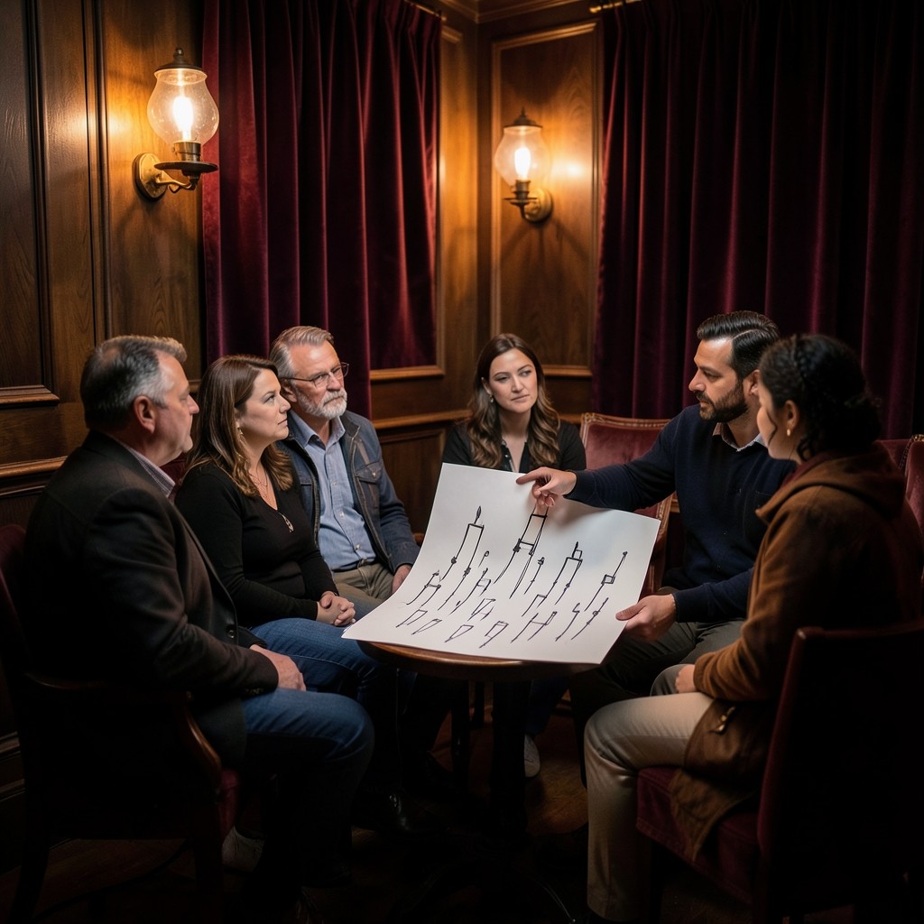 A small group watching an instructor point at a large paper chart